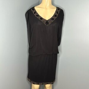 S.L.Fashions black dress copper/black beading sz 10 mini dress with flowy V neck